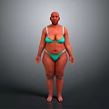 Bald Curvy Woman In Green Bikini Standing Full Body Against Gray Background