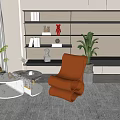 Modern Living Room Coffee Table By Large Window With Orange Chair Green Plant And Bookshelf