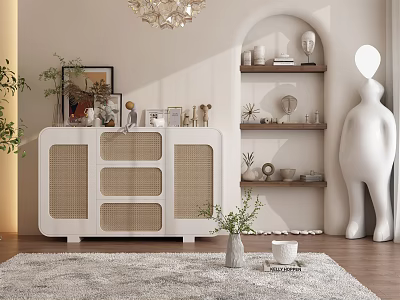 White Entryway Console Table And Side Cabinet With Rattan Panels And Decorative Ornaments 3d model