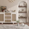 White Entryway Console Table And Side Cabinet With Rattan Panels And Decorative Ornaments