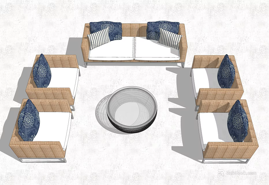 Outdoor Sofa Sectional Set With Woven Rattan Design And Blue Cushions Around Round Fire Pit 3d model 