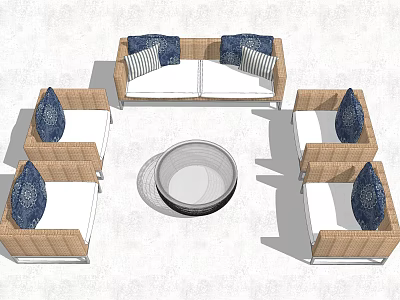 Outdoor Sofa Sectional Set With Woven Rattan Design And Blue Cushions Around Round Fire Pit 3d model