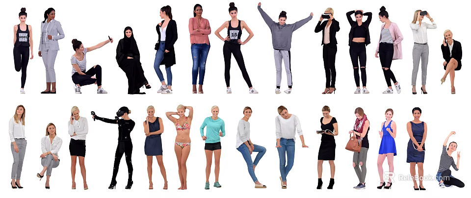 Group of People in Different Poses and Various Outfits Standing Together 3d model 