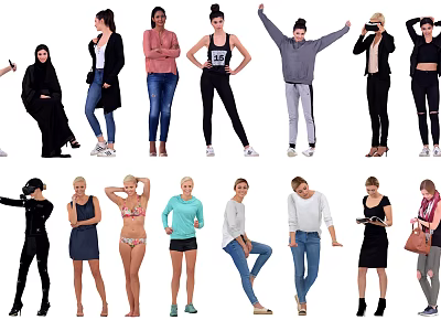 Group of People in Different Poses and Various Outfits Standing Together 3d model