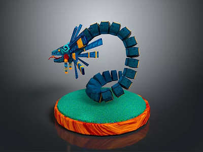 Serpentine Game Movie Character Featuring Blue Segmented Body Feathered Head Green Orange Base 3d model