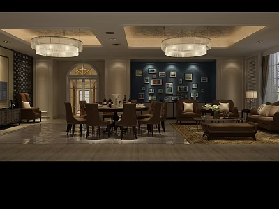 Luxurious Private Room Interior With Chandeliers Dining Table Chairs Sofas And Decorative Wall Paintings 3d model