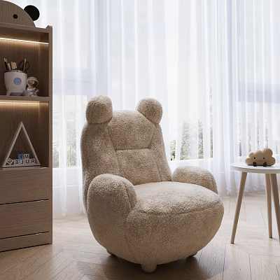 Beige Bear Ear Bean Bag Chair With Small Table Teddy Bear And White Curtains 3d model