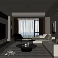 Modern Living Room Interior With Beige Sofa Round Coffee Table TV Wall Floor-to-Ceiling Windows Rug