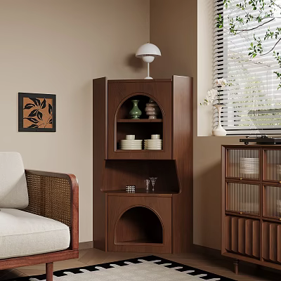 Cozy Living Room Featuring Wooden Shelf Plates Bowls Vase Sofa Lamp And Decorative Painting 3d model