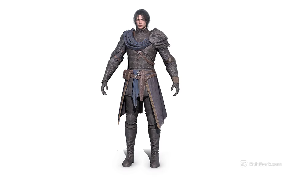 Medieval Warrior Man Wearing Detailed Armor with Blue Cloak Standing Tall 3d model 