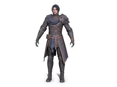 Medieval Warrior Man Wearing Detailed Armor with Blue Cloak Standing Tall 3d model
