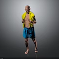 Elderly Man With Bald Head Wearing Yellow Towel Blue Shorts And Flip-Flops In Gray Background