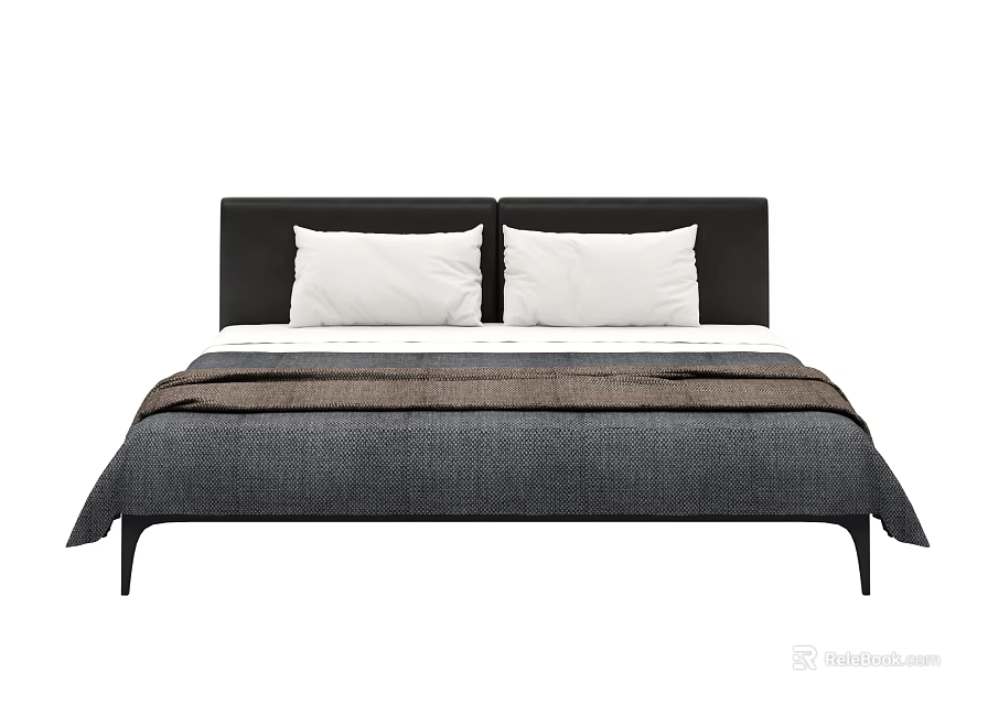 Modern Double Bed With Black Headboard White Pillows And Gray Bedspread 3d model