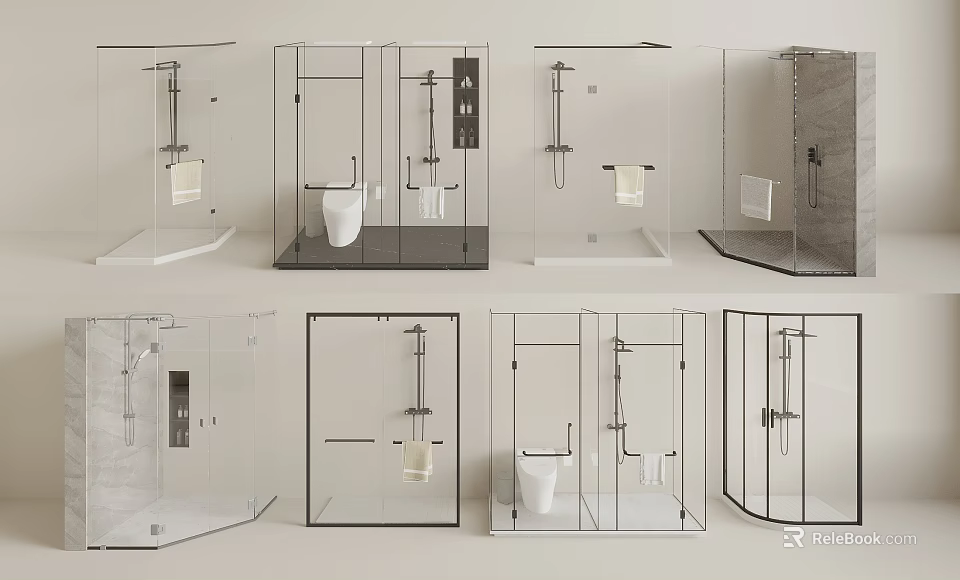 Elegant Shower Head Designs Showcased In Multiple Glass Shower Enclosures 3d model 