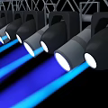Stage Lights Arranged in Row with Illuminated Lamps on Metal Truss