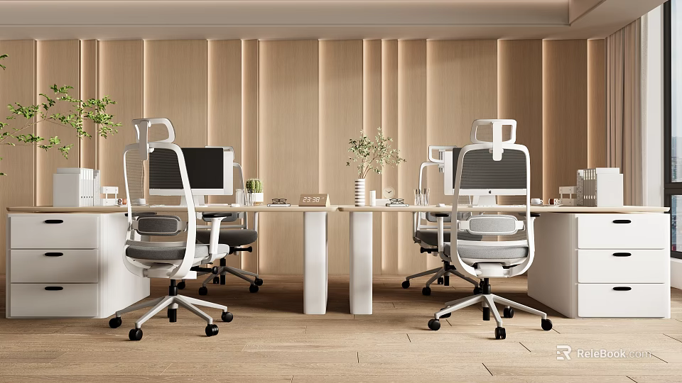 Modern Office Desk Setup With Ergonomic Chairs Computers Potted Plants And Wooden Walls 3d model 