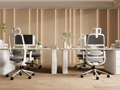 Modern Office Desk Setup With Ergonomic Chairs Computers Potted Plants And Wooden Walls 3d model