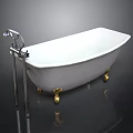 White Modern Electronic Bathtub With Gold Legs And Silver Faucet On Black Reflective Floor