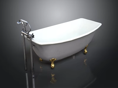 White Modern Electronic Bathtub With Gold Legs And Silver Faucet On Black Reflective Floor 3d model