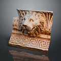 Ancient Classical Stone Carving With Lion Head Sculpture And Intricate Geometric Patterns