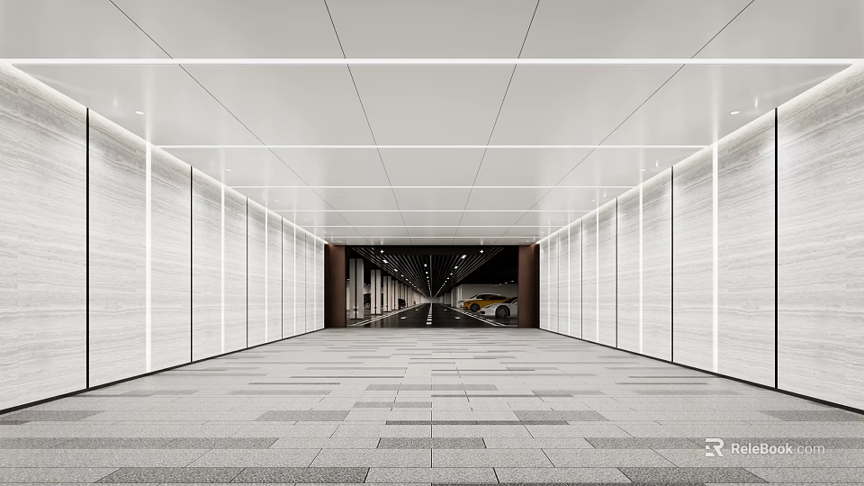 Modern Spacious Parking Garage Interior With Marble Walls Ceiling Lighting And Vehicle 3d model 
