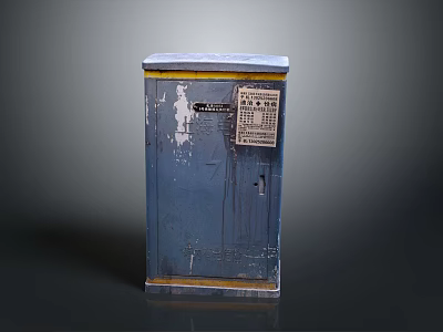Blue Electrical Cabinet With Yellow Trim Weathered Peeling Paint Small Lock And Control Panel 3d model
