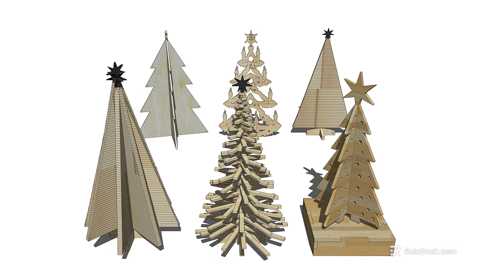 Handcrafted Wooden Christmas Trees with Various Decorative Designs and Star Tops 3d model 