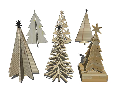Handcrafted Wooden Christmas Trees with Various Decorative Designs and Star Tops 3d model