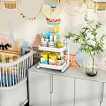 Double Layer Storage Shelf With Jars Bottles And Green Plant In Kids Room