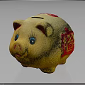 Cute Yellow Piggy Bank With Red Decorations And Fu Symbol For Saving Money