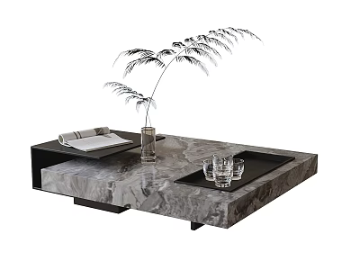 Gray Marble Coffee Table with Fern Plant Vase Glass Cups and Magazine Tray 3d model