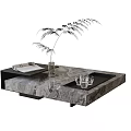Gray Marble Coffee Table with Fern Plant Vase Glass Cups and Magazine Tray