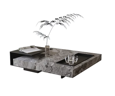 Gray Marble Coffee Table with Fern Plant Vase Glass Cups and Magazine Tray 3d model