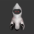 Cartoonish White Hooded Carved Sculpture With Black Face Red Eyes Red Patterns And Clawed Hands