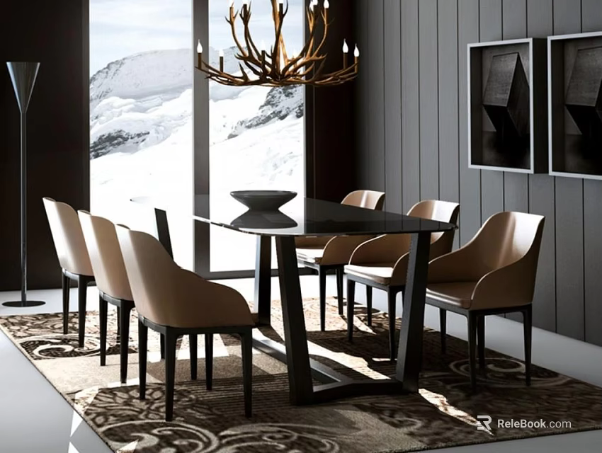 Elegant Black Dining Table Set With Beige Chairs Chandelier And Snow Mountain View 3d model 