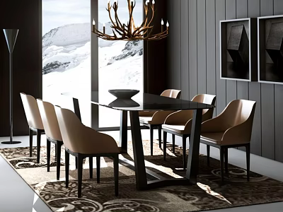 Elegant Black Dining Table Set With Beige Chairs Chandelier And Snow Mountain View 3d model