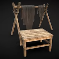 Rustic Wooden Frame with Hanging Cloths and Simple Wooden Stool