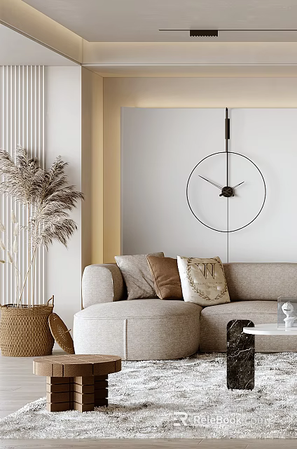 Modern Living Room With Beige Sofa Embroidered Cushions Round Wall Clock And Pampas Grass 3d model 