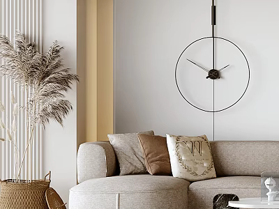 Modern Living Room With Beige Sofa Embroidered Cushions Round Wall Clock And Pampas Grass 3d model
