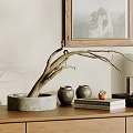 Natural Decorative Ornament Set With Tree Branch Stone Base Ceramic Jars Wooden Frame And Books