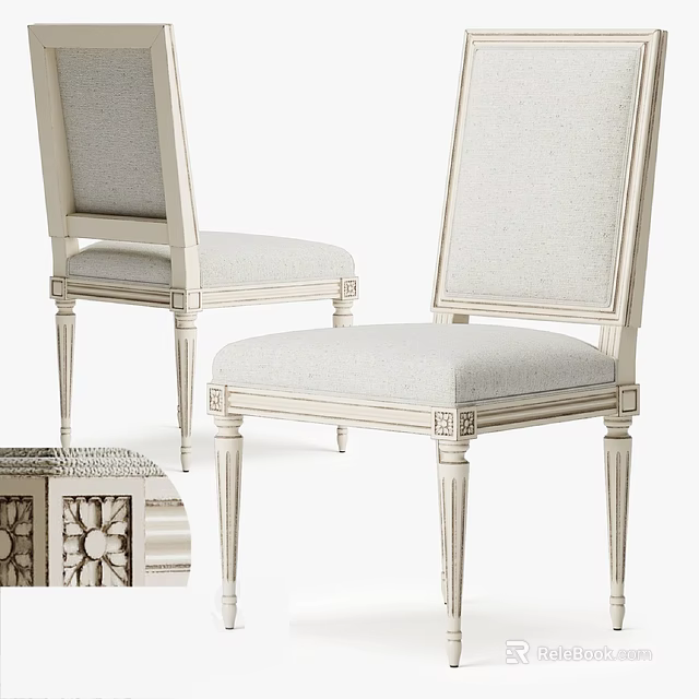 Classic White Frame Dining Chairs With Carved Leg Details And Light Fabric Upholstery 3d model 