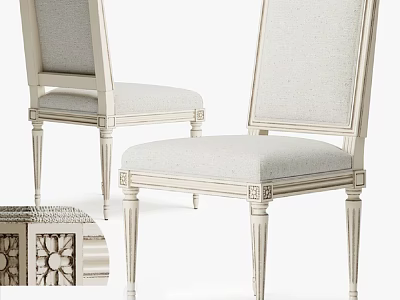 Classic White Frame Dining Chairs With Carved Leg Details And Light Fabric Upholstery 3d model