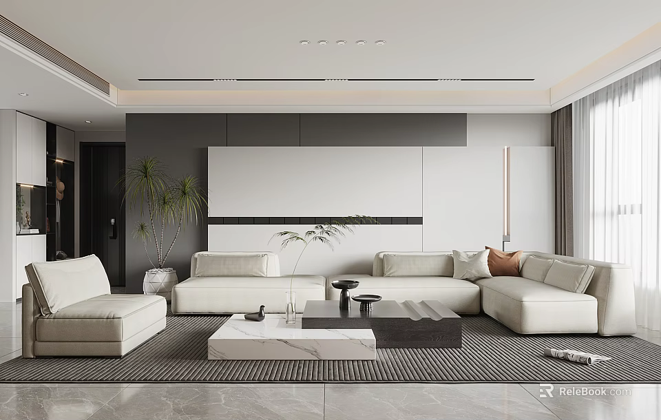 Modern Living And Dining Room Interior Design With Light Sofas Coffee Table And Area Rug 3d model