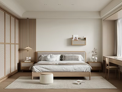 Minimalist Natural Bedroom Interior With Wooden Furniture Bedside Shelf And Desk Chair 3d model
