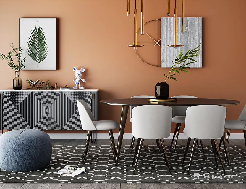 Modern Round Dining Table Set With White Chairs Orange Wall And Green Plants 3d model