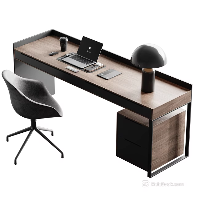 Modern Wooden Desk with Black Frame Laptop Coffee Cup Tablet Table Lamp and Gray Chair 3d model 