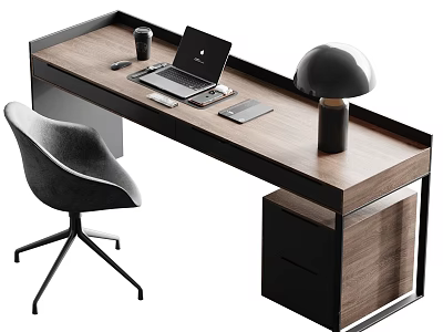 Modern Wooden Desk with Black Frame Laptop Coffee Cup Tablet Table Lamp and Gray Chair 3d model