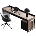 Modern Wooden Desk with Black Frame Laptop Coffee Cup Tablet Table Lamp and Gray Chair