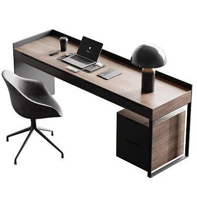 Modern Wooden Desk with Black Frame Laptop Coffee Cup Tablet Table Lamp and Gray Chair 3d model
