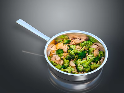 Delicious Fresh Broccoli Chicken And Almond Stir Fry In Stainless Steel Pan 3d model